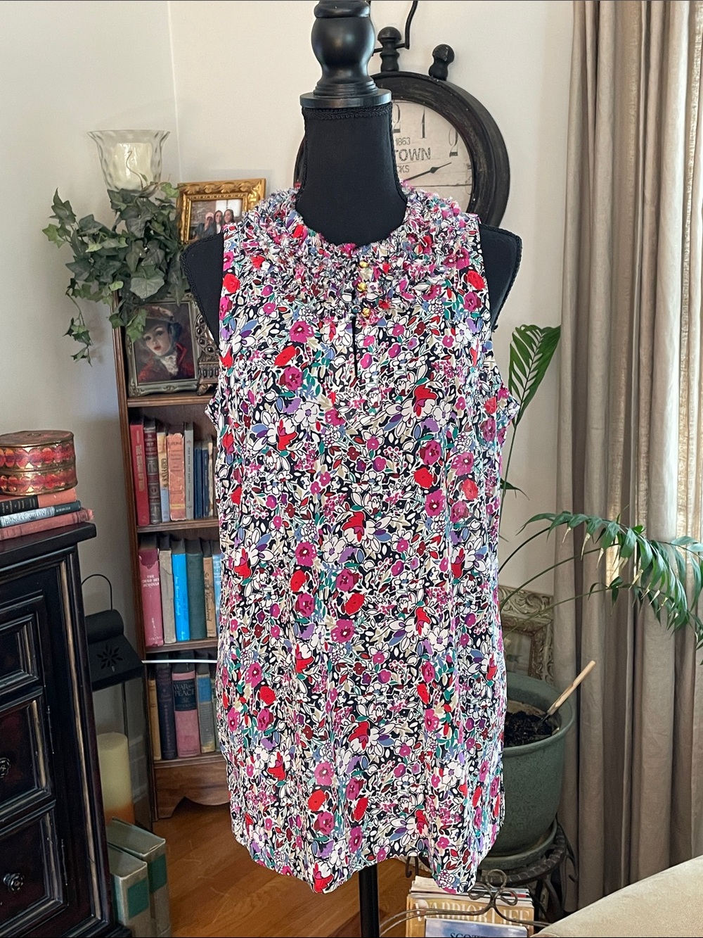 CAbi Sleeveless Floral Ruffle Neck sleeveless blouse- Pink Multi